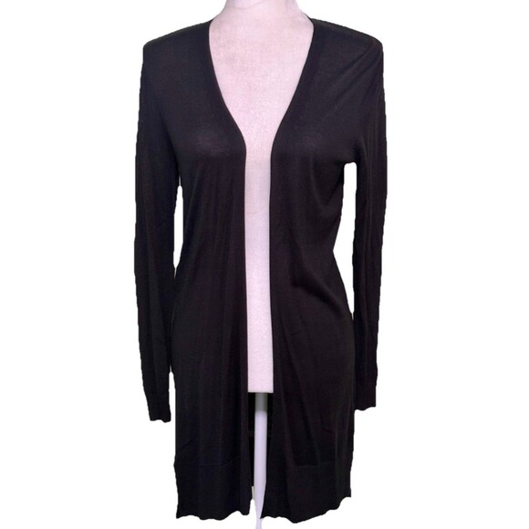 Womens Black Longline Open Front Cardigan Lightweight Knit Minimalist Layering S - Picture 1 of 8